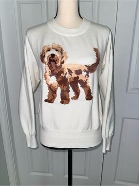 LE‎ LIS Labradoodle Goldendoodle Dog Graphic Knit Sweater Cream XS